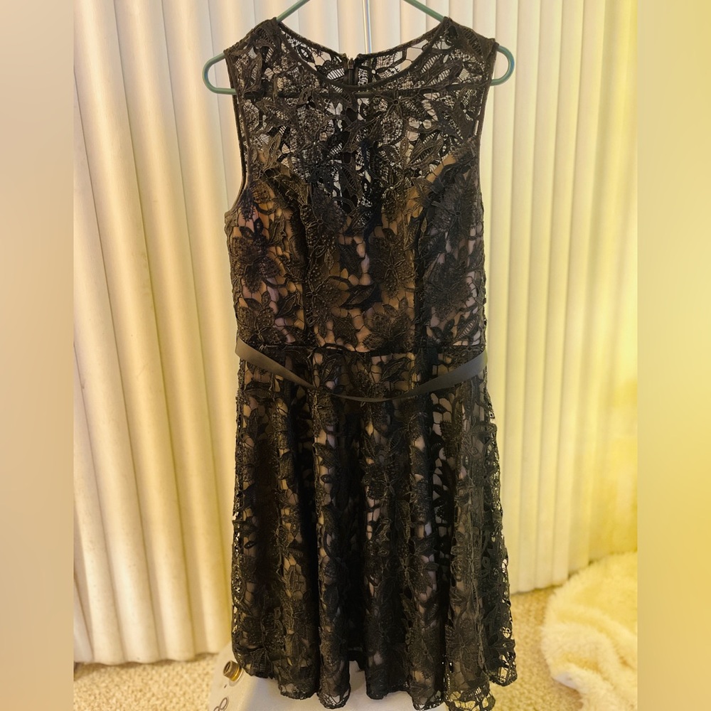 Black lace dress with illusion neckline